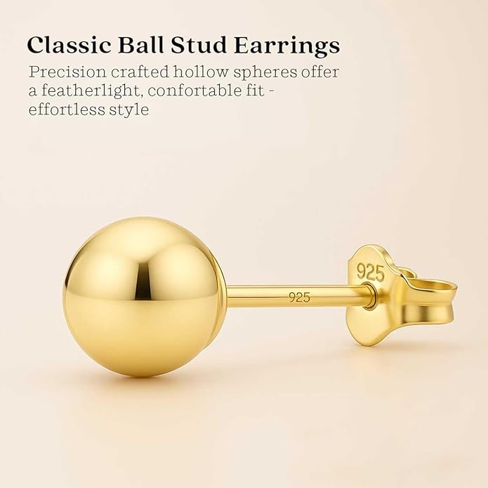 KEZEF Sterling Silver Ball Stud Earrings Hypoallergenic Earrings for Women | Available in Sterling Silver, Rose Gold, or 14K Gold Plated Silver (2mm-10mm)