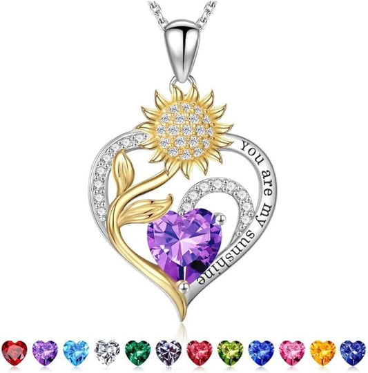 Iefil Christmas Gifts for Women Wife Mom - Sunflower Birthstone Necklace for Women, Anniversary Birthday Gifts 925 Sterling Silver Heart Pendant You Are My Sunshine Jewelry for Girlfriend Mom Daughter
