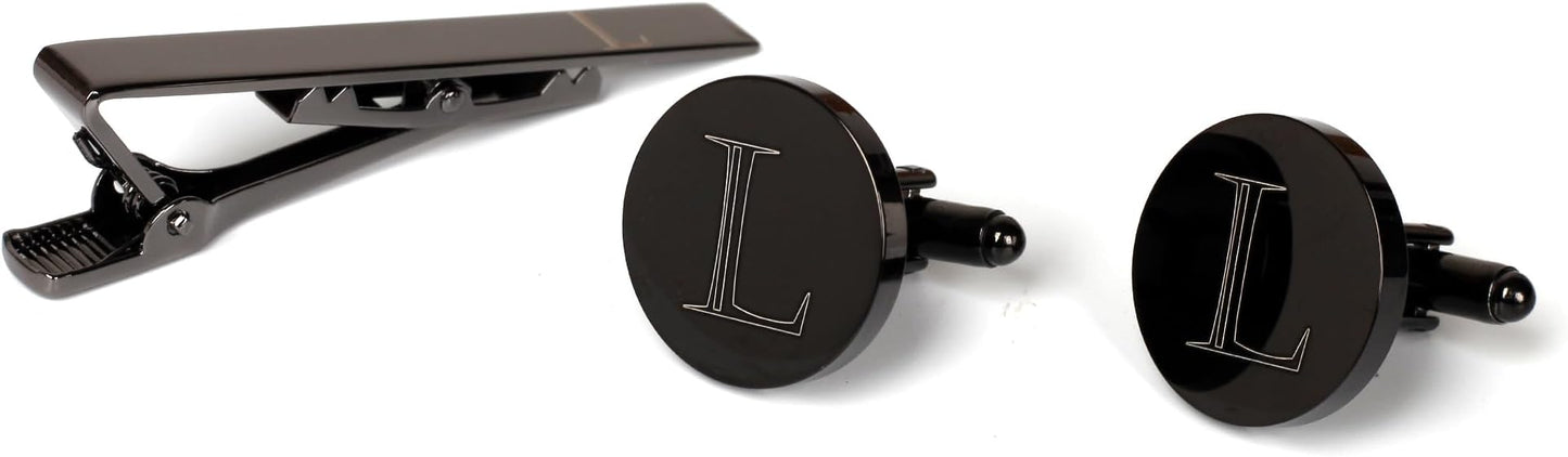 Mens Initial Cufflinks and Tie Clip A-Z Alphabet Letter Black Stainless Cuff Links Tie Bar with Engraved Walnut Wood Box Groom Groomsman Wedding Set
