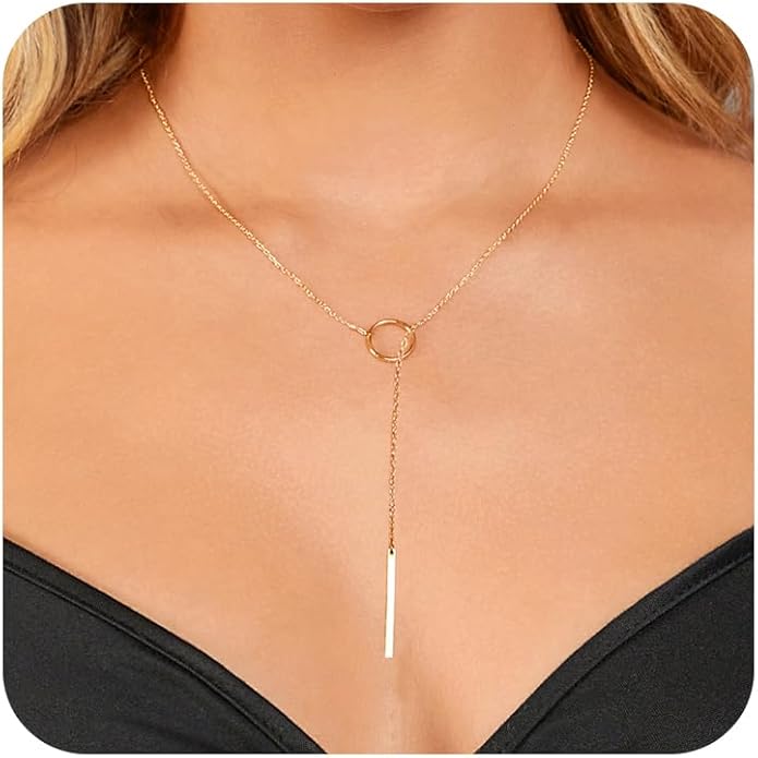 Gold Necklace for Women Trendy Lariat Y Necklace Dainty 14k Gold Plated/Silver Long Necklaces for Women Layered Beaded Drop Necklaces Simple Y-Shaped Chain Jewelry Gifts