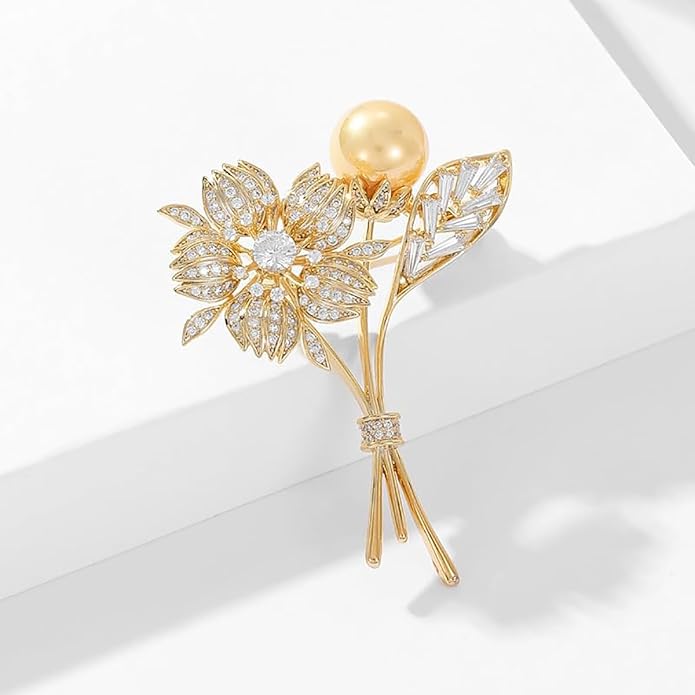 14K Gold Crystal Flower Brooch with Shiny Pearls - Exquisite Floral Pin, Versatile Gift for Mother's Day, Valentine's, or Friendship Celebrations