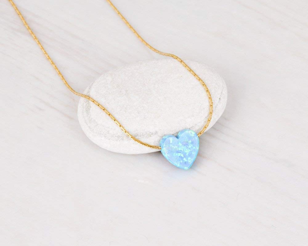 Blue Opal Heart on 14K Gold Filled Choker Necklace - Designer Handmade Thin Collar for Women - Length: 13.5 inch + 3 inch Extender (gold filled, blue)