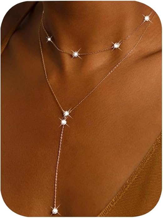 iF YOU Lariat Gold Long Necklaces for Women Trendy, Dainty 14K Gold Plated Drop Chain Necklace, Layered Rosary Beaded Y Necklaces Simple Fashion Jewelry Gifts