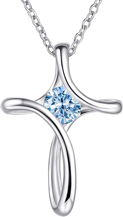 NINAMAID Cross Necklace for Women, 925 Sterling Silver Birthstone Necklace for Women with Diamond Sideways Cross Necklaces Birthstone Jewelry Birthday Gifts for Womens