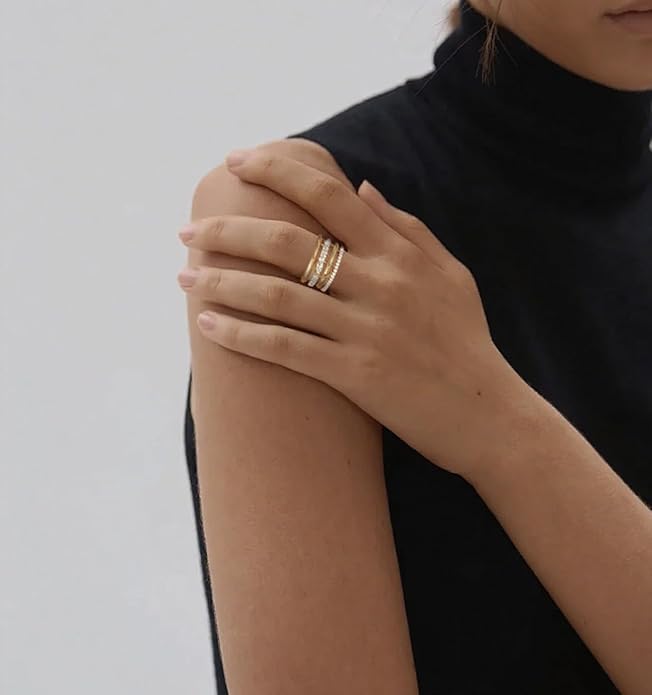 Canboer 14K Gold Plated Interlocked Stackable Rings for Women Non Tarnish,Gold and Silver Cubic Zirconia Statement Rings Set,Mixed Metals Ring Two-Toned Connected Bands Stacking Jewelry