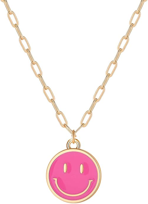 Smile Pendant Necklace Smile Face Chain Necklace Paperclip Necklace Cute Round Pendant Necklace Preppy Jewelry for Women Girls