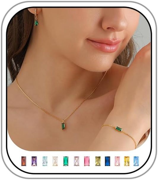 Birthstone 14K Gold Plated Bracelets Earrings Necklaces Jewelry Set， Blue Green May Cubic Zirconia，Friendship Bracelets Jewelry Gifts for Mom Best Friend Birthday