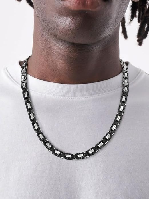 ChainsHouse Flat Byzantine Link Necklace for Men 6mm/8mm/10mm Width, 18K Gold Plated/Stainless Steel Black Byzantine Chain Necklaces, 18" 20" 22" 24" 26" 28" 30" Length, with Gift Box