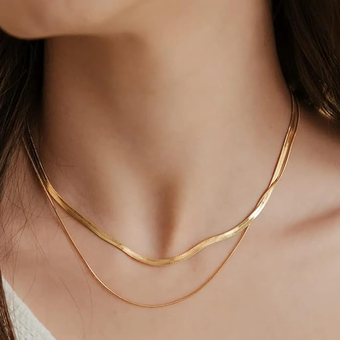 Freekiss Herringbone Necklace for Women,Dainty Gold Necklace,14k Gold Plated Snake,Gold Chain Choker Necklaces,Simple Gold Layered Necklaces,Gold Jewelry Gift for Women