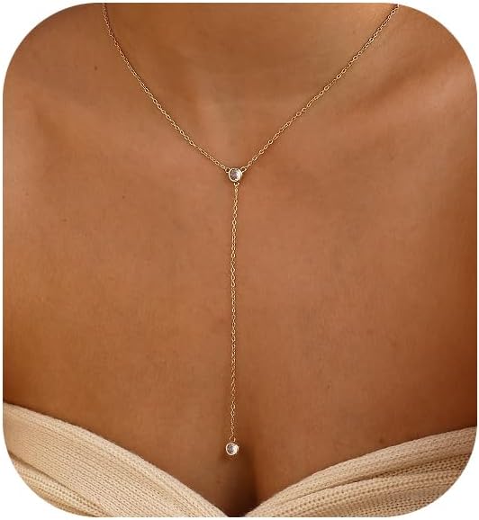 Gold Necklace for Women, Dainty Gold Long Necklaces 14k Gold Plated Prom Bar CZ Lariat Necklace Simple Choker Necklaces for Women Trendy Boho Fashion Costume Jewelry Womens