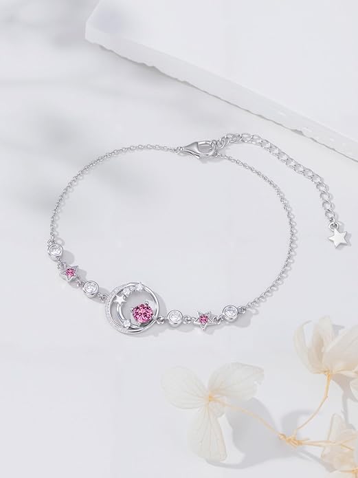 Moon and Star Birthstone Charm Link Bracelet 925 Sterling Silver Moon and Star Bracelet with 12 Months Birthstone Birthday Jewelry Gifts for Women Mom Her,Chain Length 7"+2" Extend