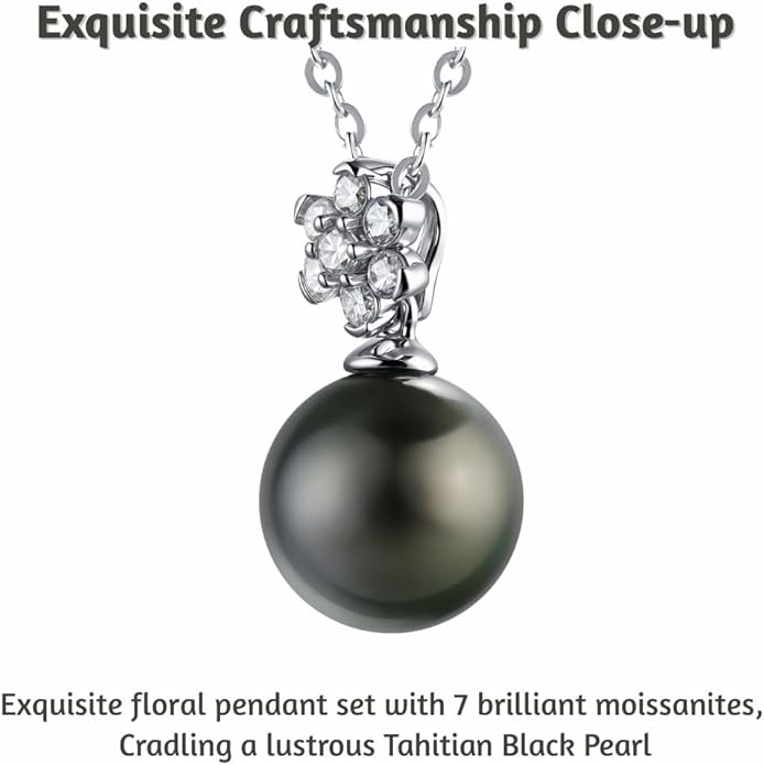 Lunar Belle Black Pearl Drop Pendant with Moissanite Flower Design, 925 Sterling Silver Jewelry, Wedding Gift for HerWoemn Girlfriend Birthday (Deep Sea Blossom)