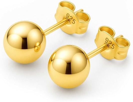 KEZEF Sterling Silver Ball Stud Earrings Hypoallergenic Earrings for Women | Available in Sterling Silver, Rose Gold, or 14K Gold Plated Silver (2mm-10mm)