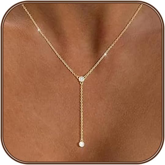 Lariat Silver/Gold Necklace for Women 925 Silver/14K Gold Plated Dainty Long Necklace Y-Shaped Drop Pendant Necklaces Choker Trendy Chain Simple Layered Necklaces CZ Jewelry for Women Set Gift