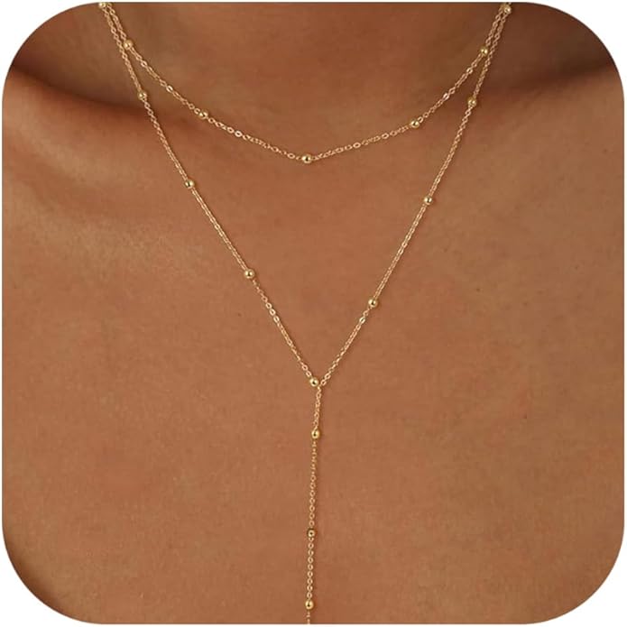 Lariat Necklace for Women, Dainty Long Necklaces, 14k Gold/Silver Plated Y-Shaped Drop Chain Necklace, Simple Layered Necklaces, Trendy Jewelry Gifts for Her