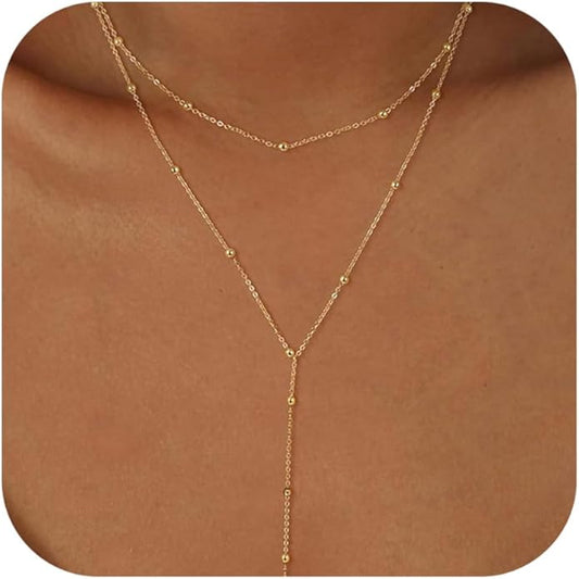 Lariat Necklace for Women, Dainty Long Necklaces, 14k Gold/Silver Plated Y-Shaped Drop Chain Necklace, Simple Layered Necklaces, Trendy Jewelry Gifts for Her