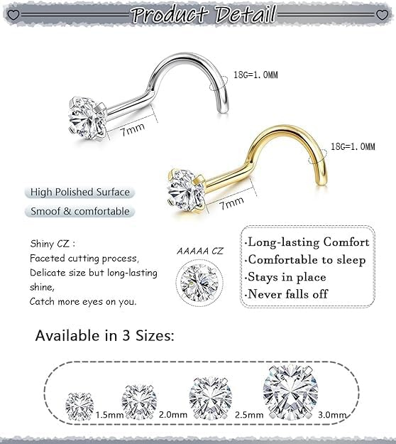 Nose Rings Studs: 8Pcs 20G Gold/Silver 316L Surgical Stainless Steel Nose Studs Hypoallergenic Corkscrew Nose Piercing Stud Jewelry for Women Men Clear Cubic Zirconia Imitation Diamond Top Size 1.5mm 2mm 2.5mm 3mm