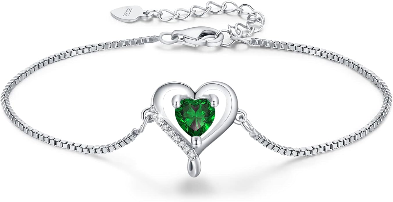 LAVUMO Love Heart Bracelets for Women 925 Silver Charm Birthstone Bracelet Adjustable Anniversary Birthday Jewelry Gifts for Women Girlfriend Wife Daughter Mom Her