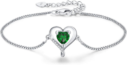 LAVUMO Love Heart Bracelets for Women 925 Silver Charm Birthstone Bracelet Adjustable Anniversary Birthday Jewelry Gifts for Women Girlfriend Wife Daughter Mom Her
