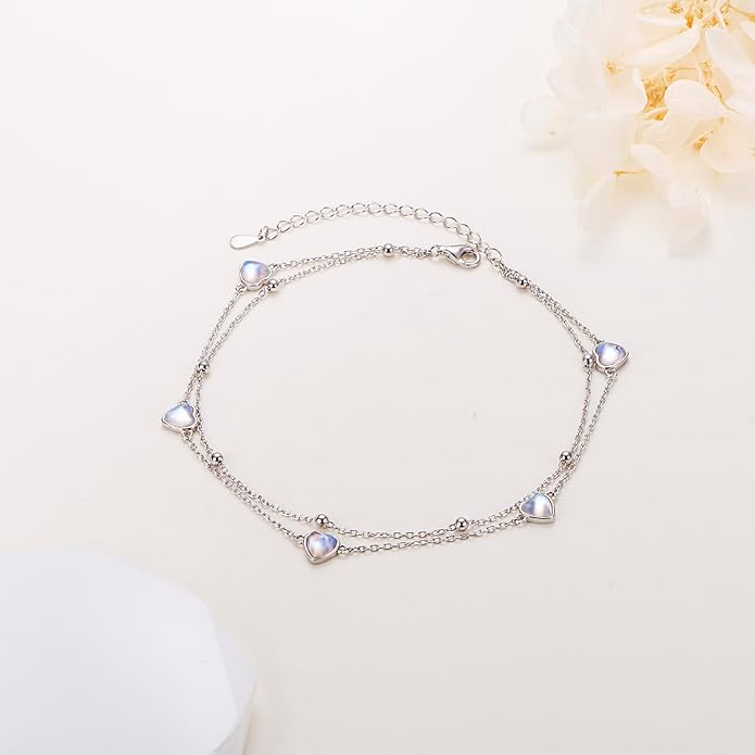 FLYOW Anklet for Women S925 Sterling Silver Adjustable Foot Beaded Heart Charm Ankle Bracelet Anklets Jewelry