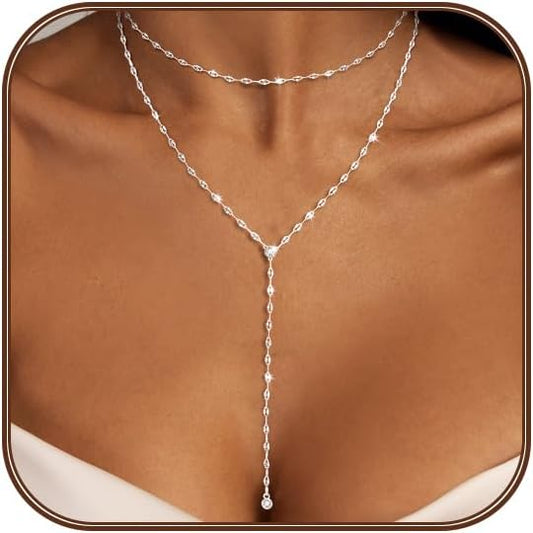 Lariat Silver/Gold Necklace for Women 925 Silver/14K Gold Plated Dainty Long Necklace Y-Shaped Drop Pendant Necklaces Choker Trendy Chain Simple Layered Necklaces CZ Jewelry for Women Set Gift