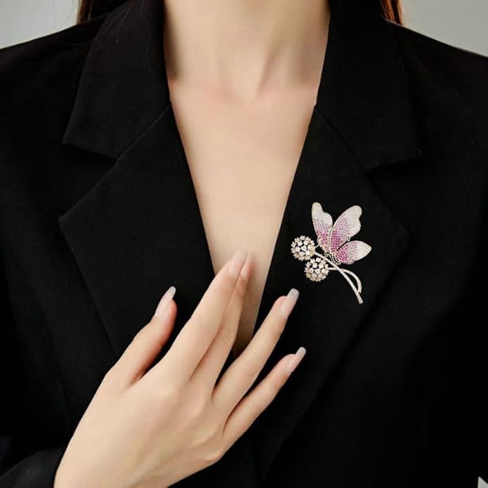 14K Gold Luxury Butterfly Brooch Sparkling Moissanite Accents & Enamel Painted Details, Retro Chic for Cheongsam, Coats & Formal Attire