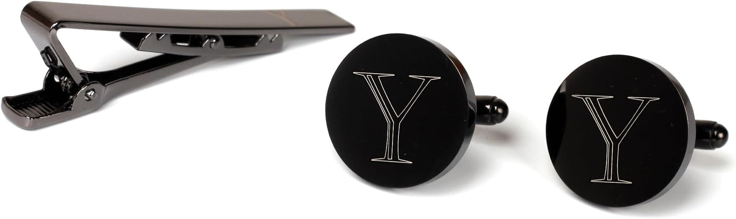Mens Initial Cufflinks and Tie Clip A-Z Alphabet Letter Black Stainless Cuff Links Tie Bar with Engraved Walnut Wood Box Groom Groomsman Wedding Set