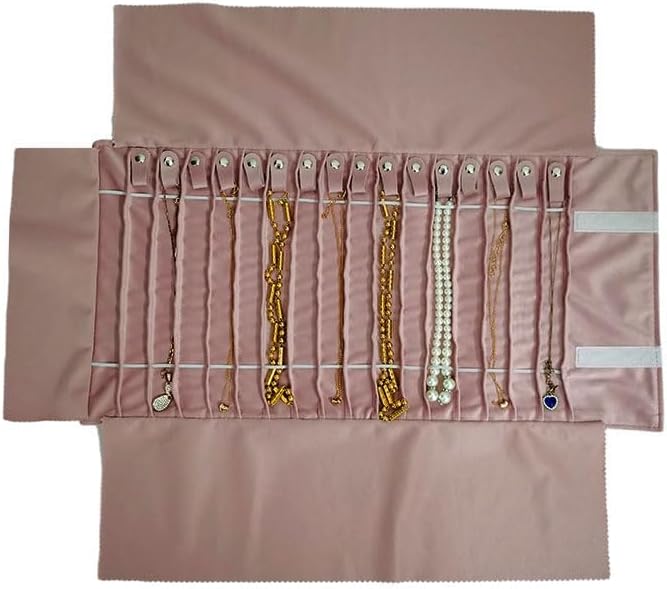 SCIKHEFT Portable Jewelry Roll Untangled Secure Necklace Travel Storage Bag Displays Holder 16 Chain (gray PU and pink)