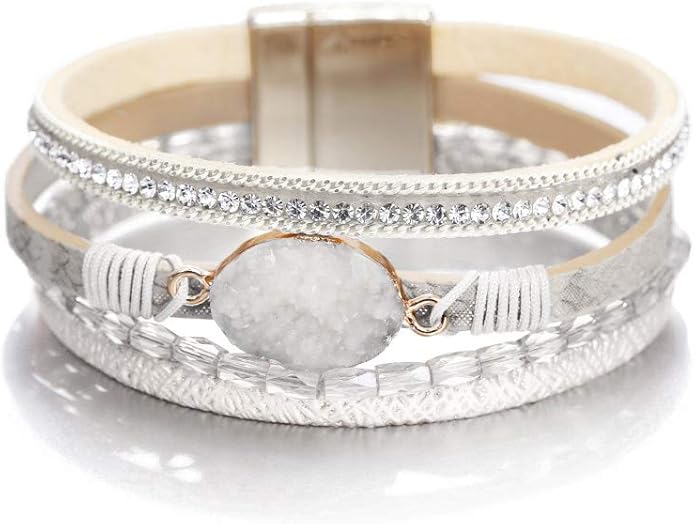 Fesciory Leopard Bracelet for Women, Boho Leather Wrap Multi-Layer Pearl Crystal Bracelet Bangle Jewelry