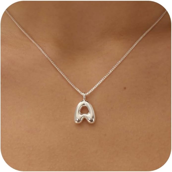Bubble Gold Silver Letter Necklace Initial Necklaces for Women Trendy 14K Dainty Charm Pendant Name Necklace Personalized Jewelry Gift for Women Teen
