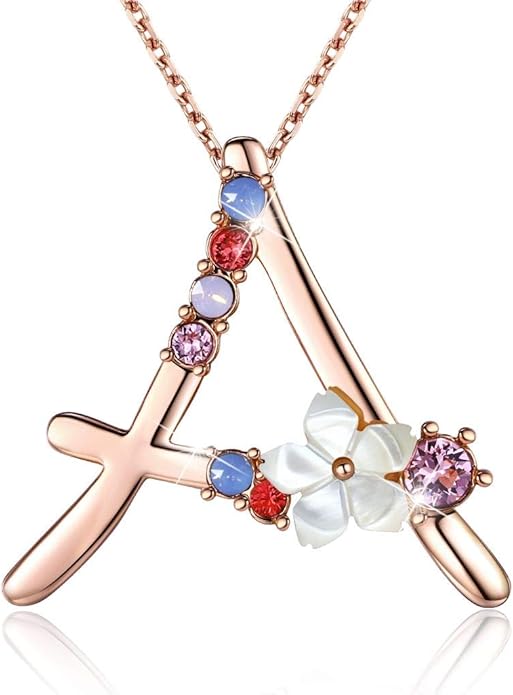 Flower Initial Letter Necklace Pink Red Blue Simulated Pearl Pendant Name Jewelry Made with Austrian Crystals Rose Gold Plated Anniversary Birthday Gifts for Women,18"+2"