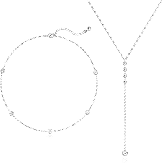 Zeffy Lariat Gold Necklace for Women, Dainty Long Necklace 14k Gold/Silver Plated Layered CZ Beaded Bar Chain Y-Shaped Body Chain Stack Drop Wedding Necklace Trendy Simple Gold Jewelry Gifts