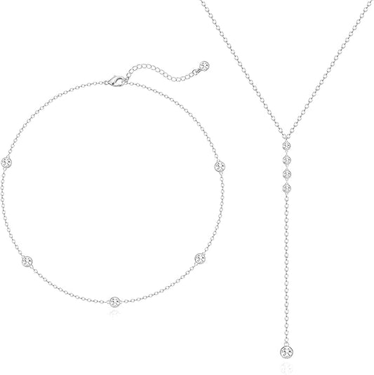 Zeffy Lariat Gold Necklace for Women, Dainty Long Necklace 14k Gold/Silver Plated Layered CZ Beaded Bar Chain Y-Shaped Body Chain Stack Drop Wedding Necklace Trendy Simple Gold Jewelry Gifts