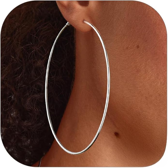 FOCALOOK 14K Gold Plated Lightweight Large Hoops| 2mm Thin Hoop Earrings for Women 30/40/50/70/100mm