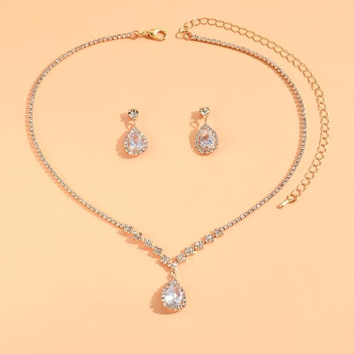 JczR.Y Rhinestone Tennis Necklace Earring Set Zircon Crystal Teardrop Pendant Necklaces Rhinestone Bridal Necklace Earrings for Women Wedding Gowns Prom Statement Jewelry Set