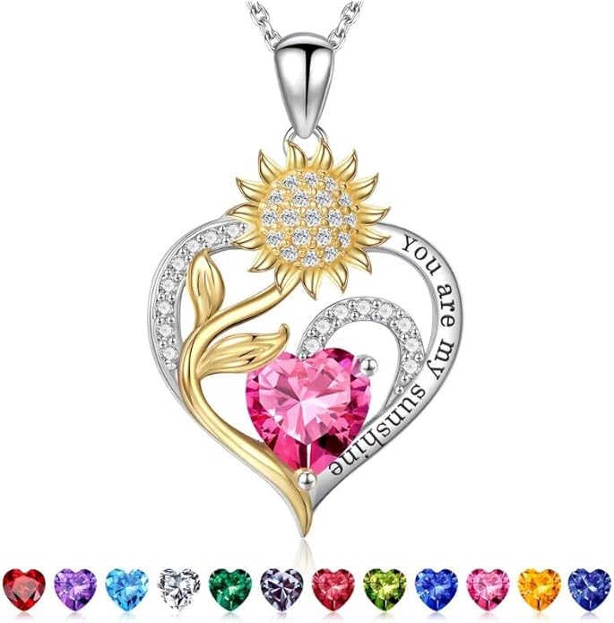 Iefil Christmas Gifts for Women Wife Mom - Sunflower Birthstone Necklace for Women, Anniversary Birthday Gifts 925 Sterling Silver Heart Pendant You Are My Sunshine Jewelry for Girlfriend Mom Daughter