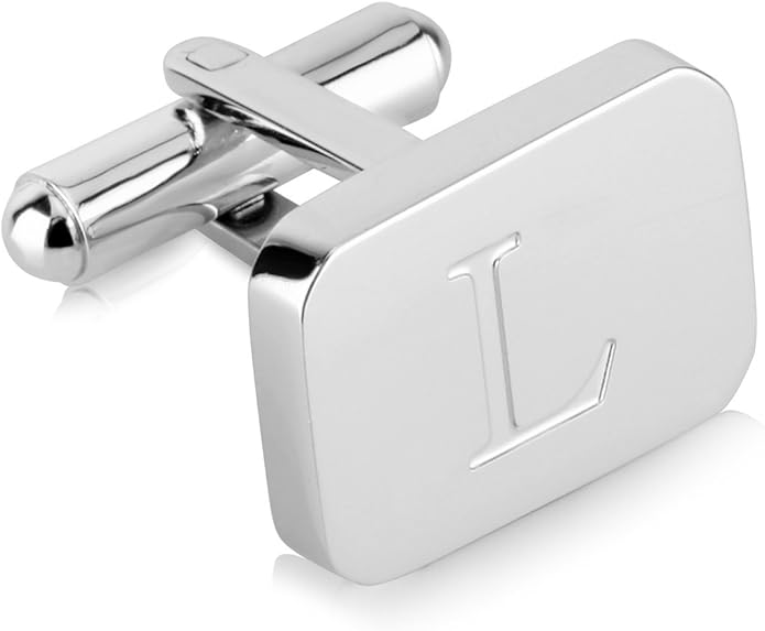 18K White-Gold Plated Initial Engraved Stainless Steel Men’s Cufflinks With Gift Box -Personalized Alphabet Letter’s A-Z By Lux & Pair