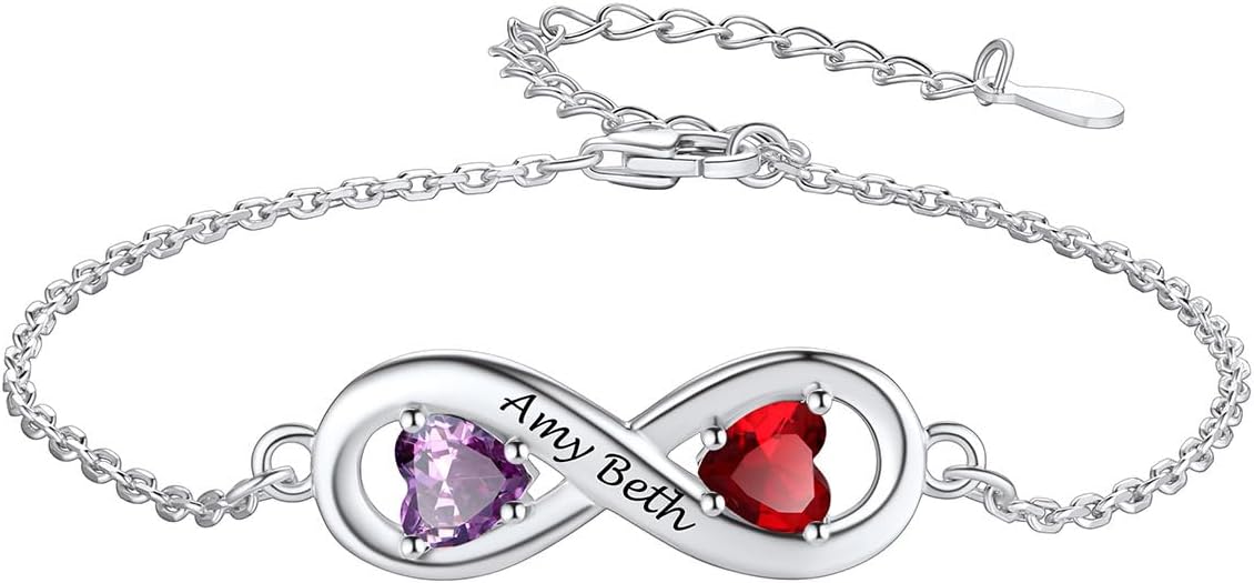 Custom4U Personalized Infinity Love Symbol Link Bracelets for Women 925 Sterling Silver Birthstone Bracelet Adjustable Engraved Chain Christmas Mother's Day Birthday Jewelry Gifts for Mom Her