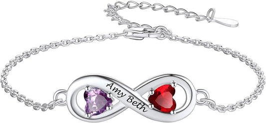 Custom4U Personalized Infinity Love Symbol Link Bracelets for Women 925 Sterling Silver Birthstone Bracelet Adjustable Engraved Chain Christmas Mother's Day Birthday Jewelry Gifts for Mom Her