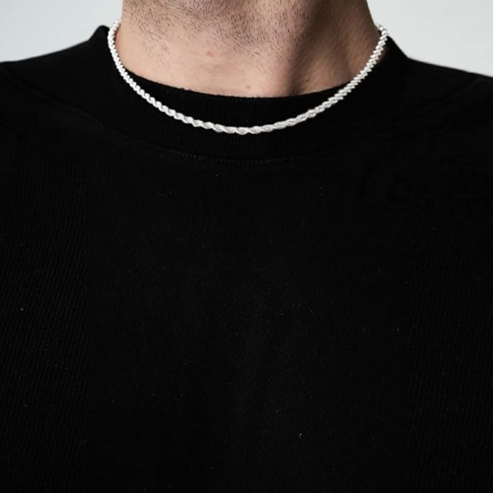 BRIJEWNES 925 Sterling Silver Clasp 2/2.5/3/4/5mm Silver Chain for Men Mens Necklace Rope Chain Necklace Diamond Cut Silver Mens Chain Necklace 16 18 20 22 24 26 28 30 Inches