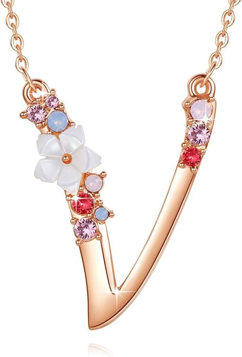 Flower Initial Letter Necklace Pink Red Blue Simulated Pearl Pendant Name Jewelry Made with Austrian Crystals Rose Gold Plated Anniversary Birthday Gifts for Women,18"+2"