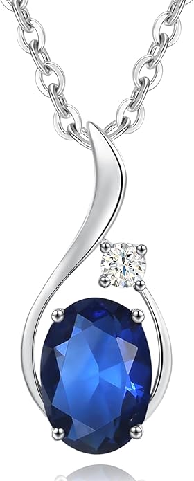 FANCIME 14K Solid White Gold Oval Gemstone Necklace with Diamond Pendant Gifts for Mom Women,16"+2" Inches