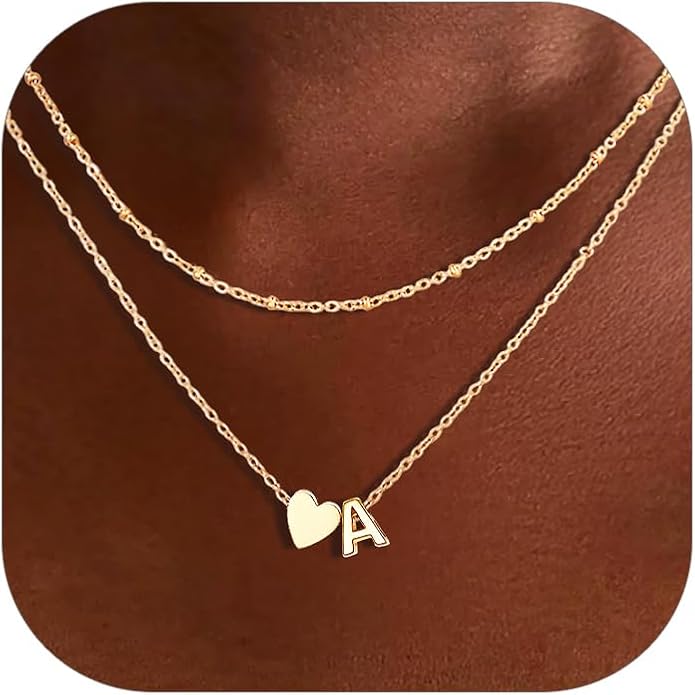 FOCALOOK Layered Initial Necklace for Women, 14K Gold Plated Choker Necklaces Stacks with Initial A-Z, Dainty Silver Heart Pendant Necklace Personalized Birthday Women Jewelry
