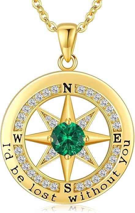 Compass Necklace for Women Wife Girlfriend Mom Daughter Gifts S925 Silver Jewelry For Anniversary Rose Gold Gifts For Birthday Christmas Mothers Valentines Day 12 Birthstones