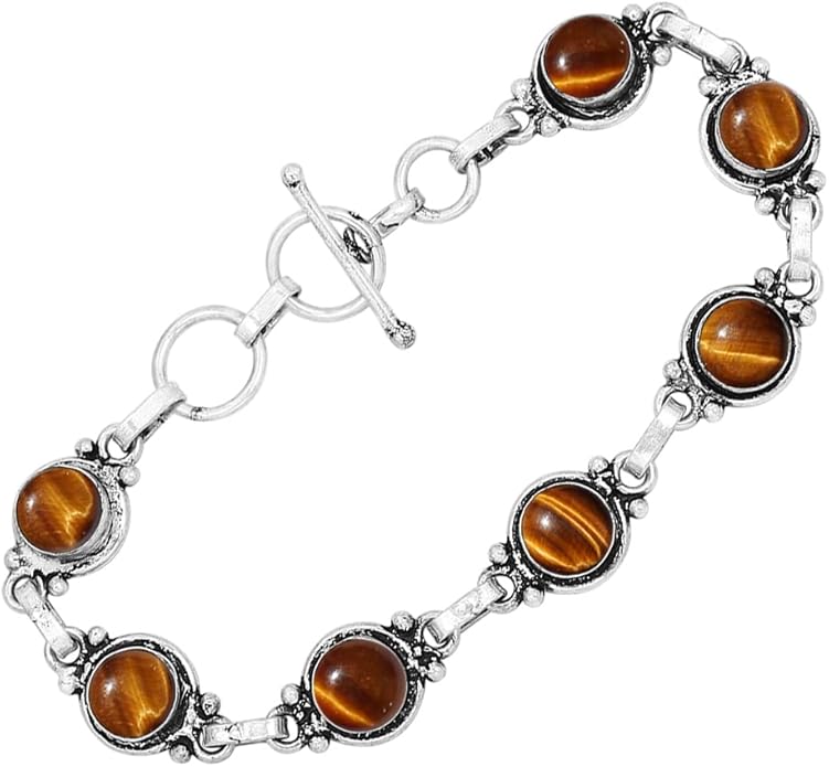 Round Shape Natural & Synthetic Gemstones Silver Plated Bracelets for Women - Vintage Bohemian Style Handmade Birthstone Adjustable Link Bracelet Jewelry Gifts for Wedding Anniversary Mother's Day