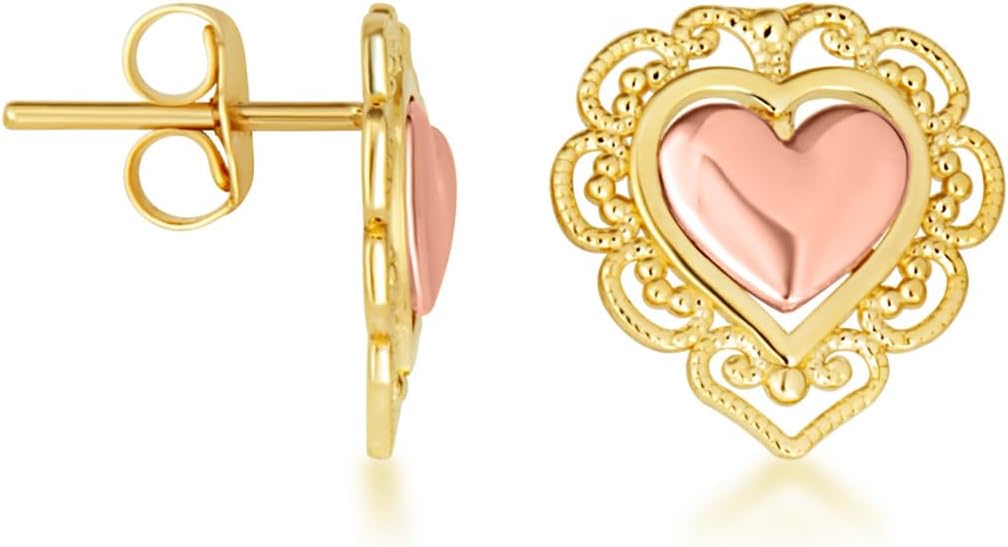 Claddagh Gold 10K or 14K Two-Tone Gold Heart Filigree Pendant Necklace Stud Earrings Set