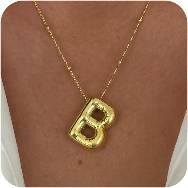 Initial Necklaces for Women, 14k Gold Plated Bubble Letter Necklace Chunky Gold Necklace Dainty Charm Initial Necklaces for Women Trendy Custom Preppy Stocking Stuff Necklace Christmas Gifts