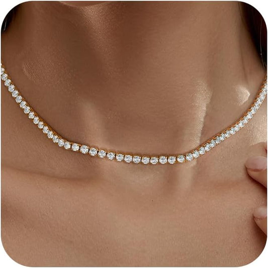 Tennis Necklace for Women, 14K Gold/Silver Plated Rhinestone Choker Necklaces for Women, Dainty Cubic Zirconia Cut Faux Diamond Chain