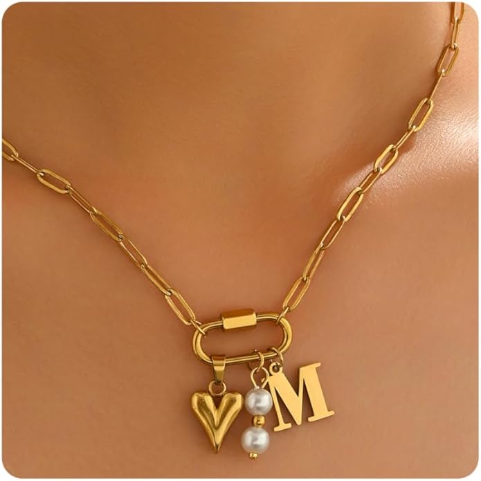 Gold Heart Initial Necklaces for Women 18K Gold Plated Dainty Pearl Letter Necklace Personalized Monogram Name A-Z Pendant Everyday Jewelry for Women