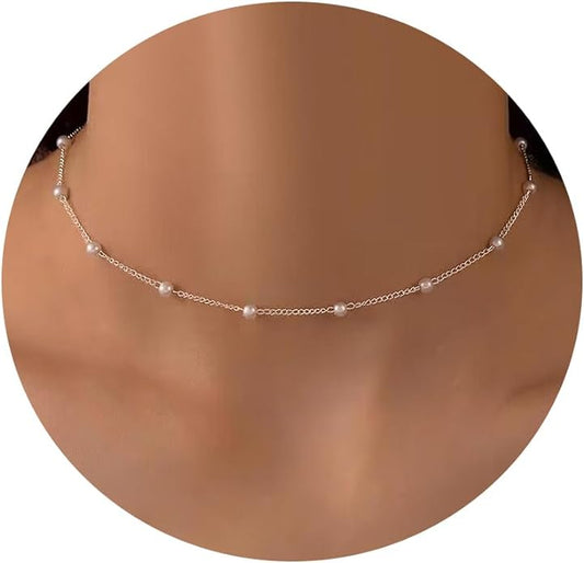 Gold Pearl Necklace for Women, 14K Gold Plated Layered Pearl Necklaces for Women Trendy Simple Herringbone Chain Pearl Necklace for Women Gold Jewelry Gifts